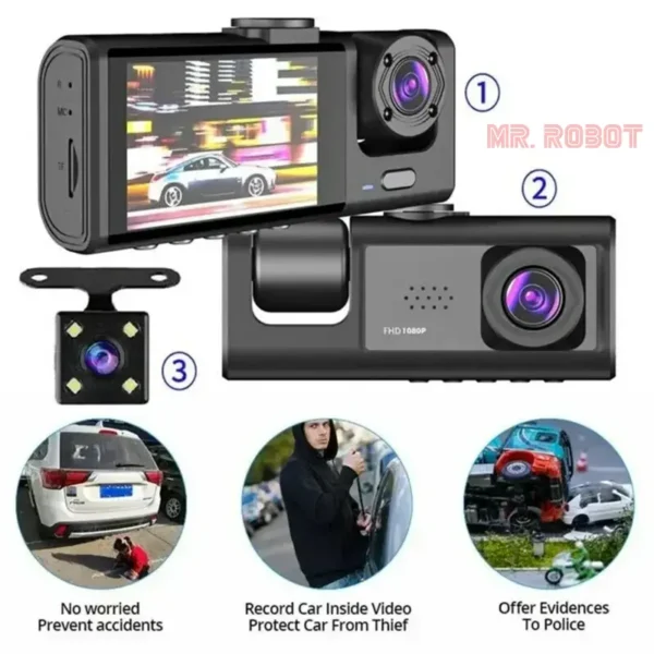Dash Camera Full HD 1080P avec 3 Caméras – Sécurité et Enregistrement à 360° | MrRobot.ma
